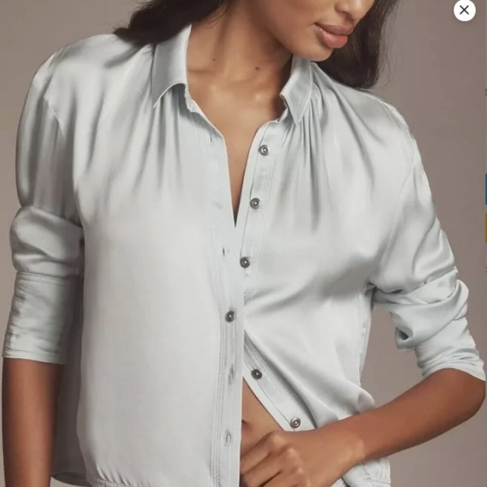 Anthropologie Pilcro Crop Satin Buttondown Blouse Top in Light Blue size XL NWT